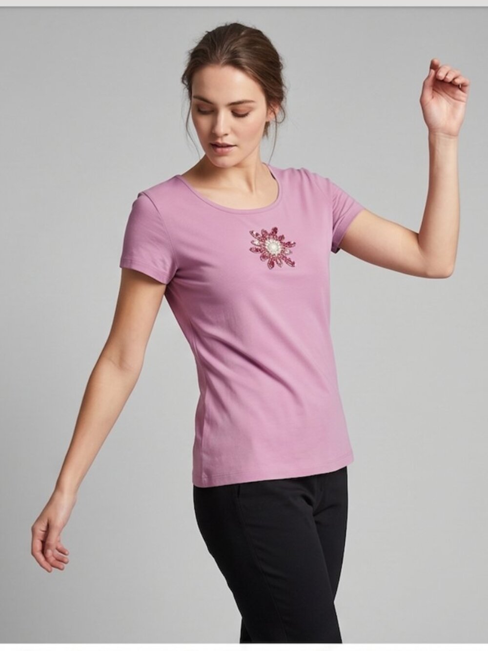 Escada Pink Crystal & Faux Pearl Embellished Scoop Neck Tee